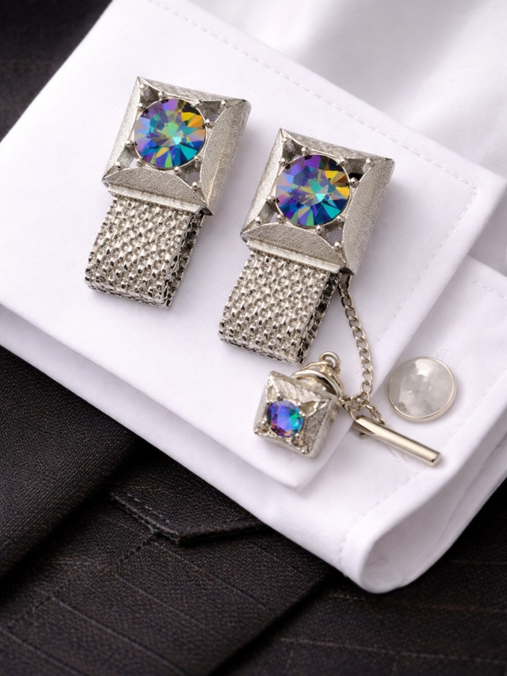 Vintage Swank Aurora Borealis Crystal Wrap Cufflinks w/ matching Tie Tack 1960s